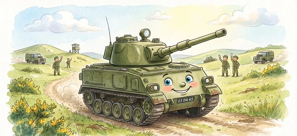 Watercolour illustration of Abby, a friendly FV433 Abbot from The Green Machines