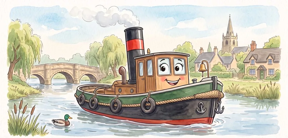 Watercolour illustration of Adamson, a friendly Steam tug from The Green Machines