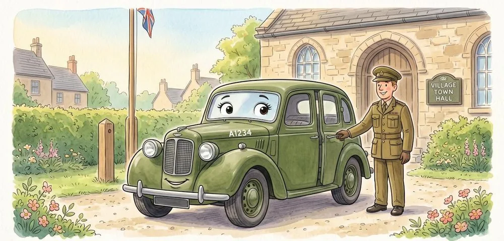 Watercolour illustration of Andrea, a friendly Austin 8 staff car from The Green Machines