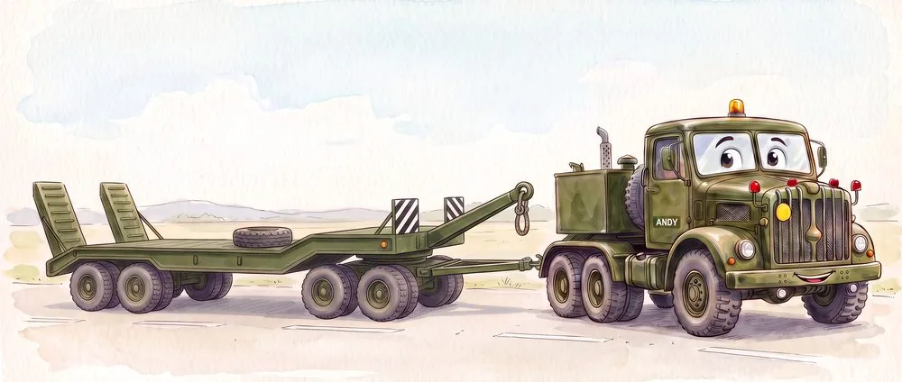 Watercolour illustration of Andy, a friendly Thornycroft Antar transporter from The Green Machines