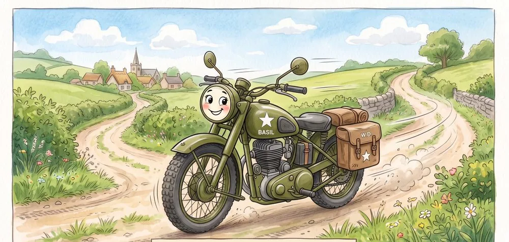 Watercolour illustration of Basil, a friendly BSA M20 motorcycle from The Green Machines