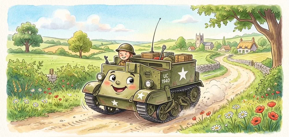 Watercolour illustration of Bernie, a friendly Universal Carrier from The Green Machines