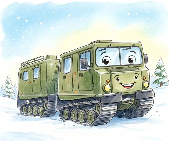Watercolour illustration of Bertha, a friendly Hägglunds Bv206 from The Green Machines