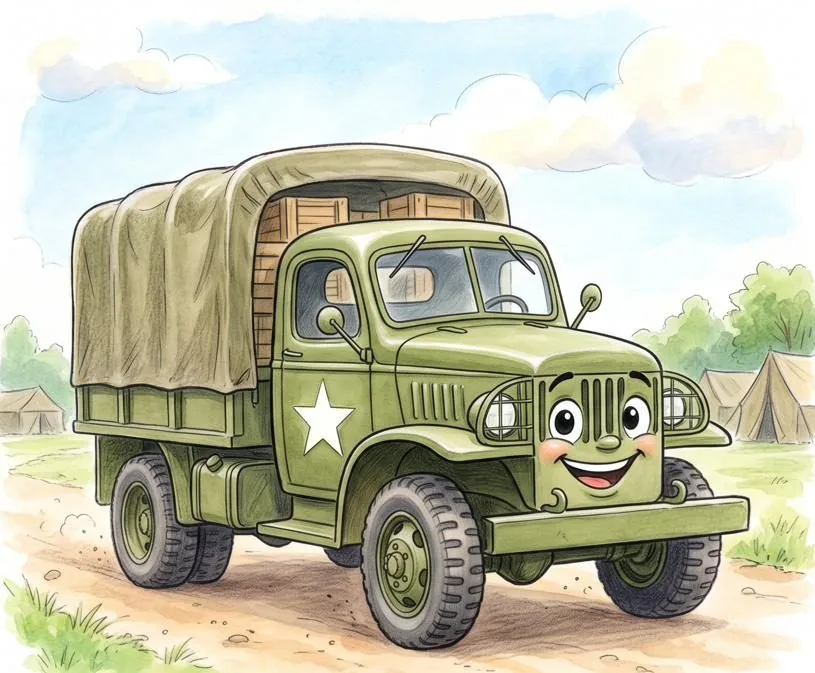 Watercolour illustration of Chuck, a friendly GMC CCKW "Deuce and a Half" from The Green Machines