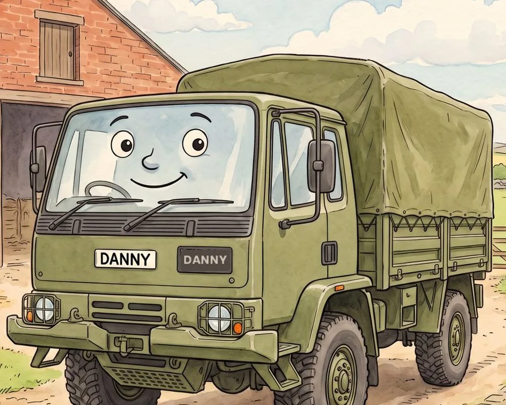 Watercolour illustration of Danny, a friendly Leyland DAF 4-tonner (T244) from The Green Machines