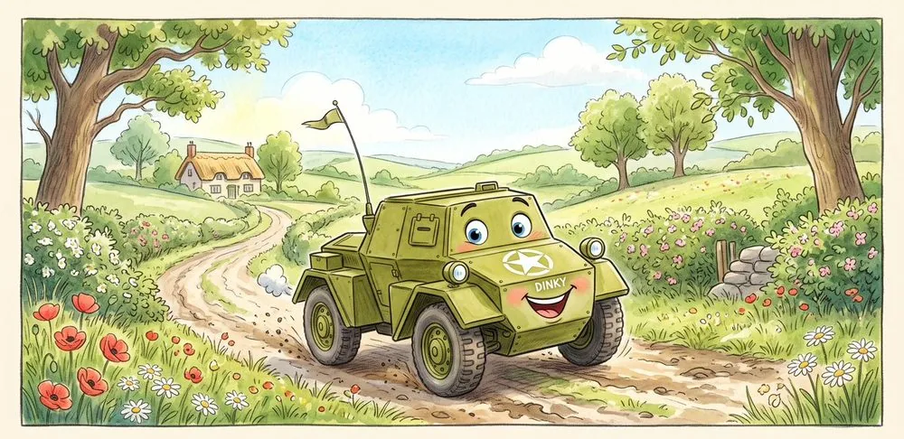 Watercolour illustration of Dinky, a friendly Daimler Dingo scout car (a reproduction) from The Green Machines