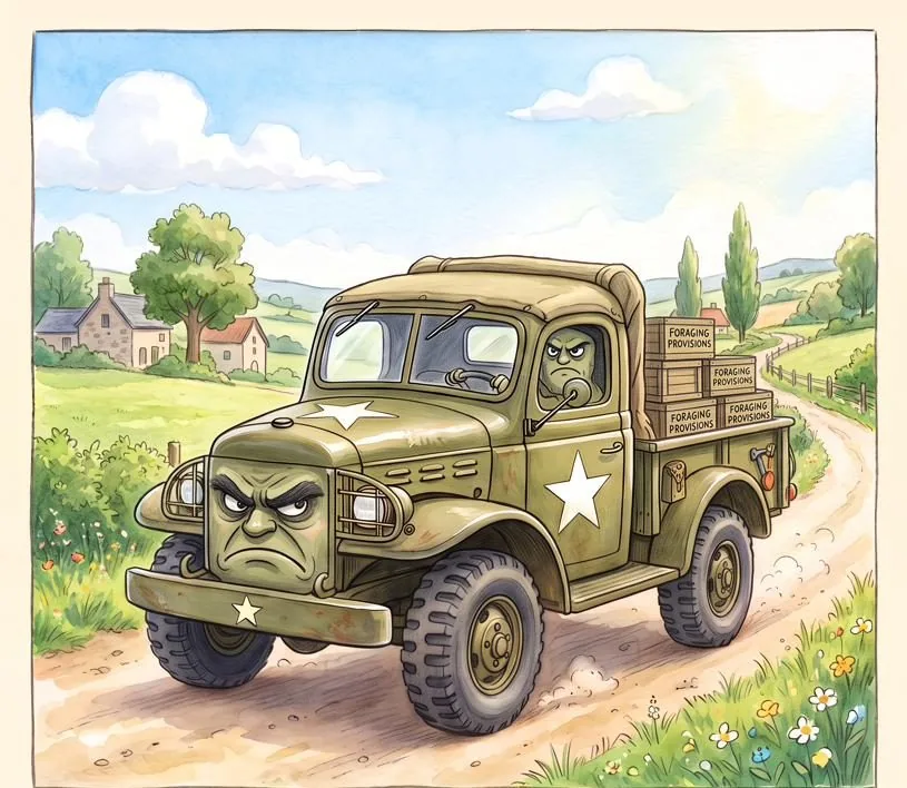 Watercolour illustration of Dodgy Dave, a friendly Dodge WC three-quarter-ton from The Green Machines