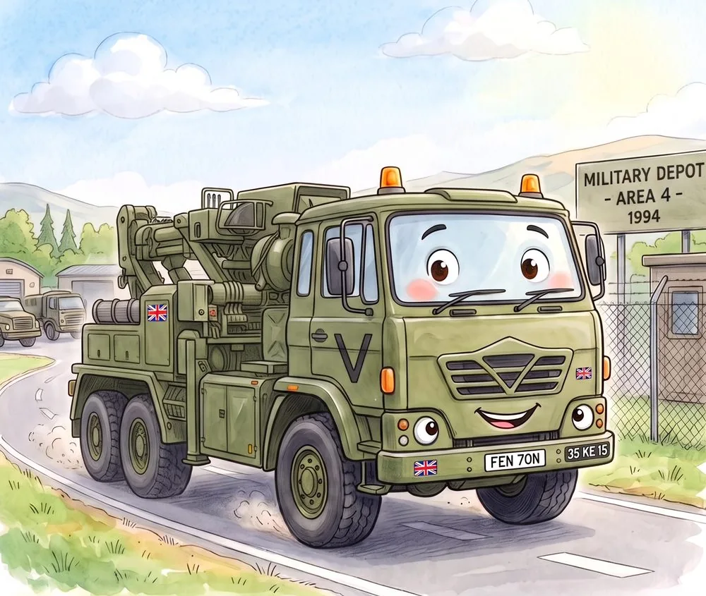 Watercolour illustration of Fenton, a friendly Foden 6x6 recovery from The Green Machines