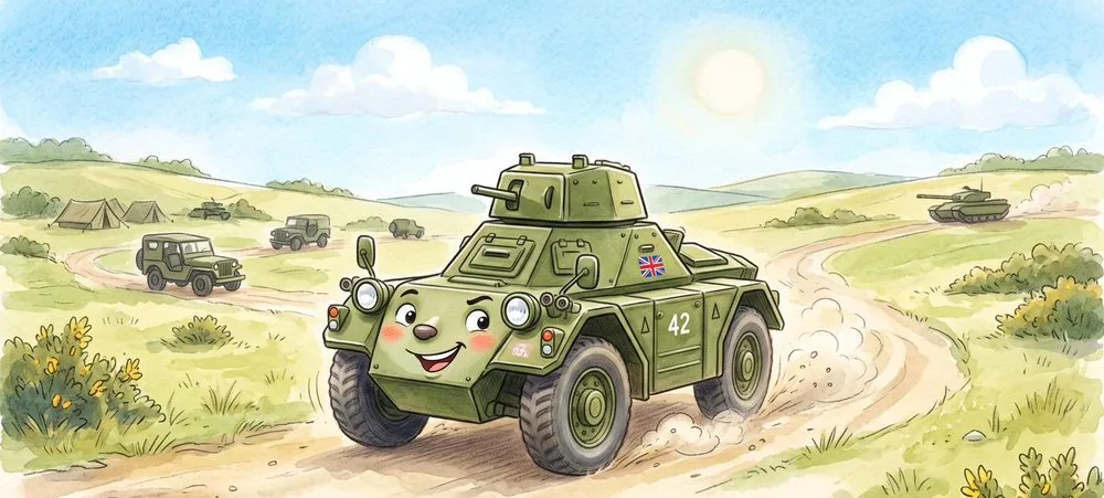 Watercolour illustration of Ferdy, a friendly Daimler Ferret scout car from The Green Machines