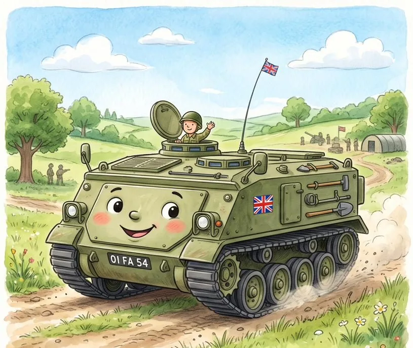 Watercolour illustration of Fiona, a friendly FV432 personnel carrier from The Green Machines