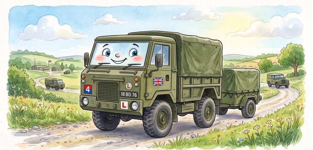 Watercolour illustration of Freddie, a friendly Land Rover 101 Forward Control from The Green Machines