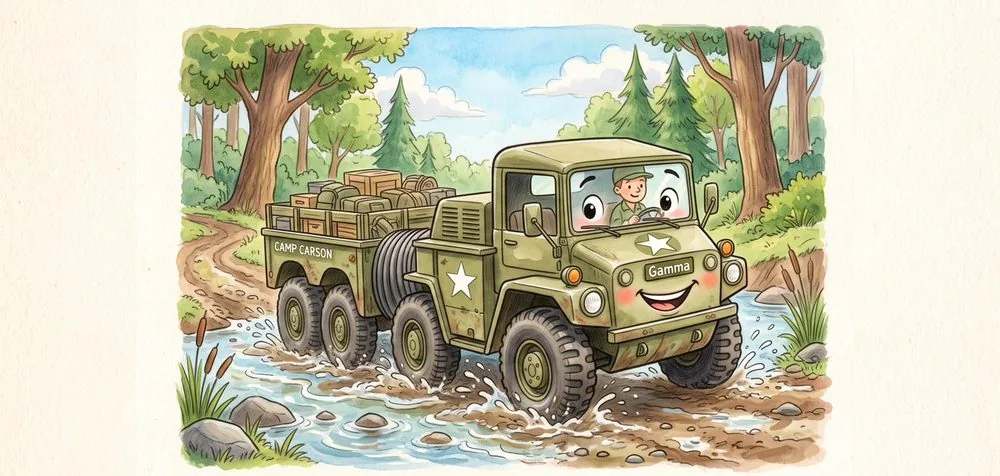 Watercolour illustration of Gamma, a friendly M561 Gama Goat 6x6 from The Green Machines
