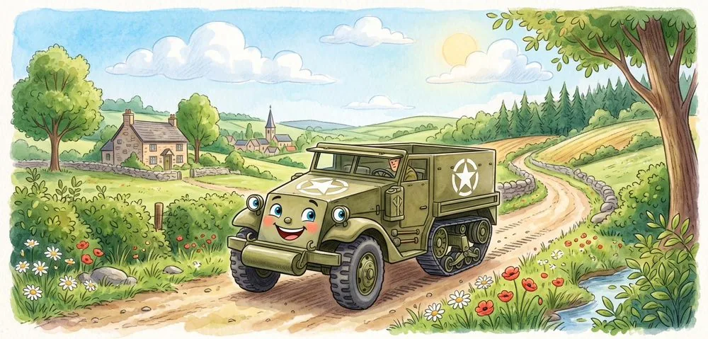 Watercolour illustration of Hank, a friendly M3 half-track from The Green Machines