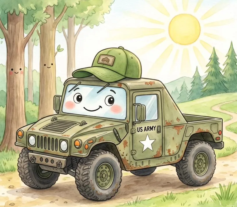 Watercolour illustration of Harry, a friendly AM General HMMWV (Humvee) from The Green Machines