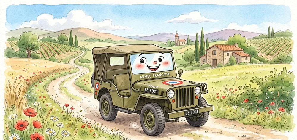 Watercolour illustration of Henri, a friendly Hotchkiss M201 (French-built Jeep) from The Green Machines