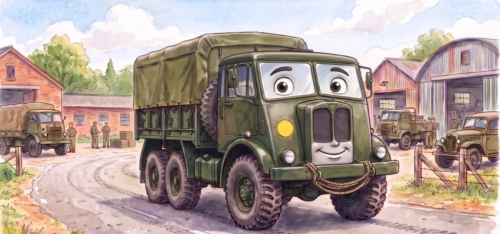 Watercolour illustration of Mac, a friendly AEC Militant 6x6 from The Green Machines