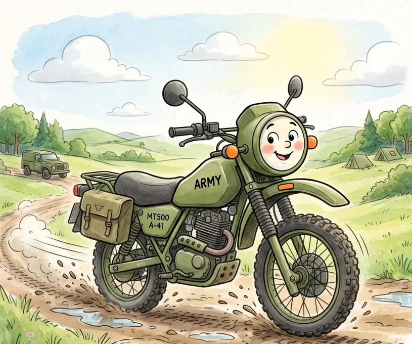 Watercolour illustration of Marty, a friendly Armstrong MT500 motorcycle from The Green Machines