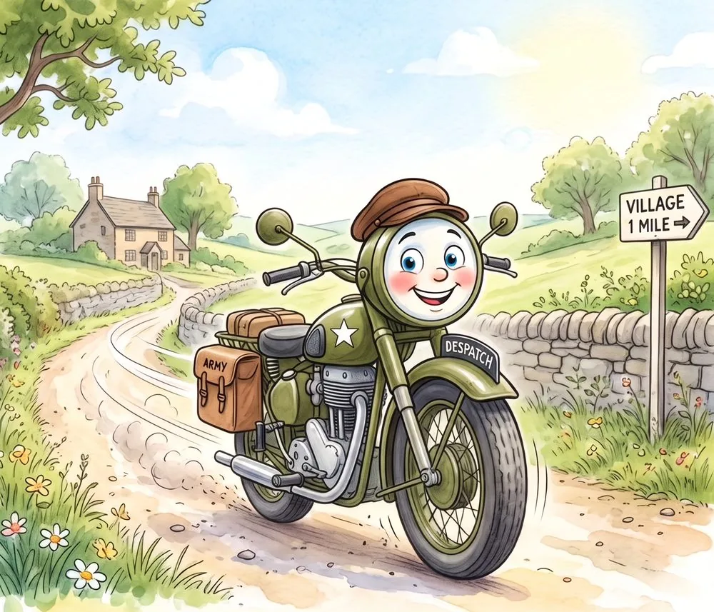 Watercolour illustration of Matty, a friendly Matchless G3L motorcycle from The Green Machines