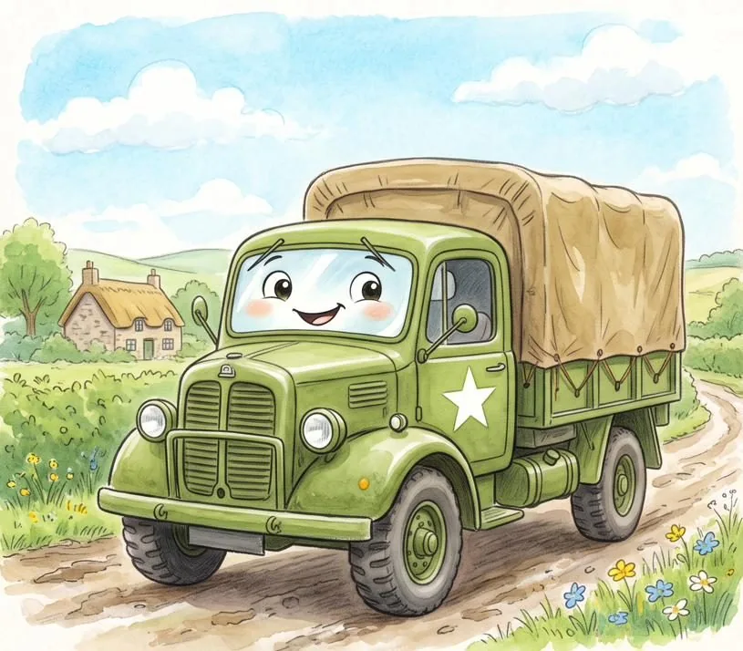 Watercolour illustration of Milly, a friendly Bedford MW 15-cwt from The Green Machines