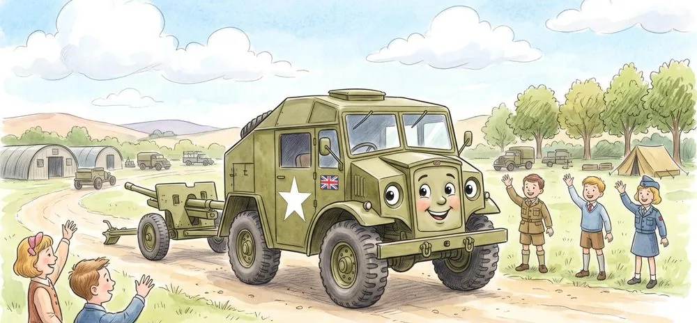 Watercolour illustration of Morris, a friendly Morris C8 "Quad" tractor from The Green Machines