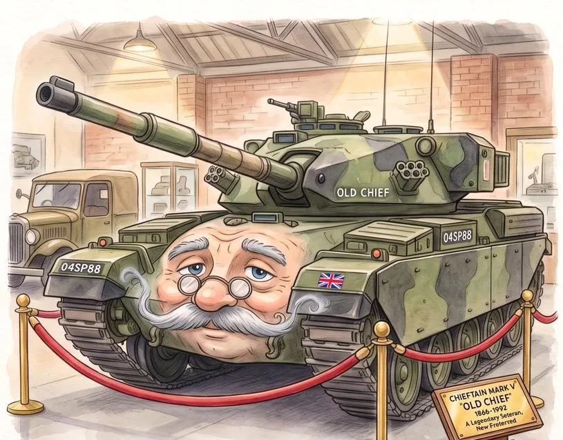 Watercolour illustration of Old Chief, a friendly Chieftain Mk 5 from The Green Machines