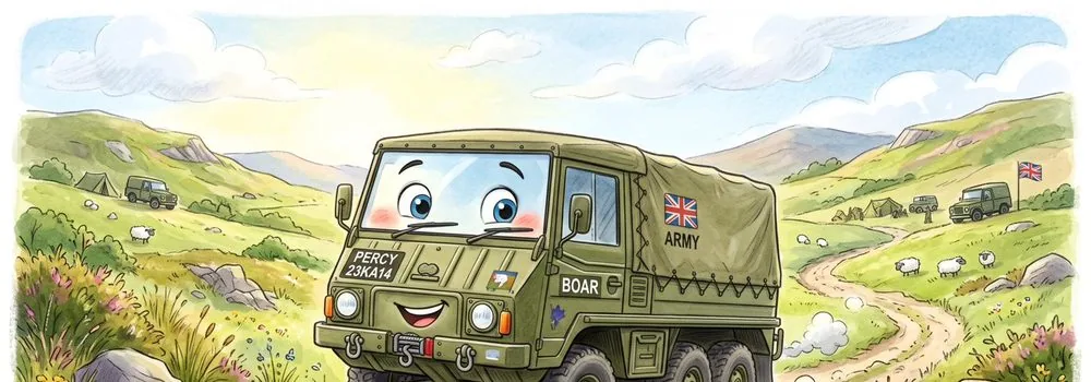 Watercolour illustration of Percy, a friendly Steyr-Puch Pinzgauer 6x6 from The Green Machines