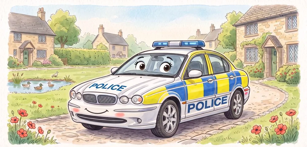 Watercolour illustration of Polly, a friendly Jaguar X-Type police car from The Green Machines