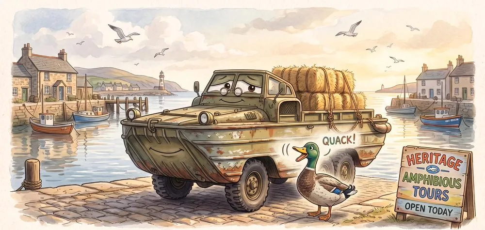 Watercolour illustration of Quack, a friendly GMC DUKW amphibious truck from The Green Machines