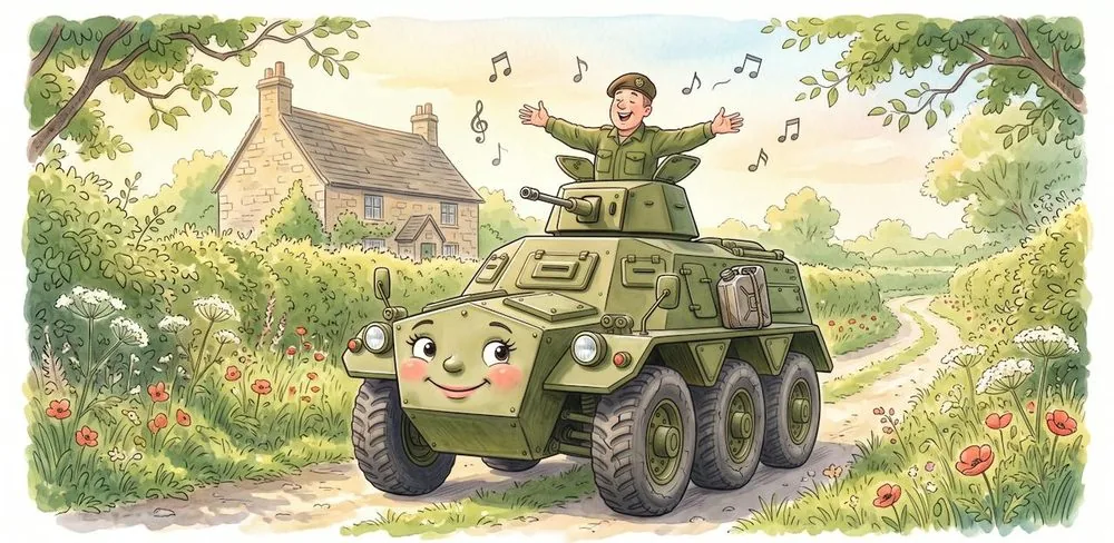 Watercolour illustration of Sandy, a friendly Alvis Saracen from The Green Machines