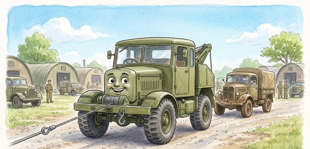 Watercolour illustration of Scamp, a friendly Scammell Pioneer recovery from The Green Machines