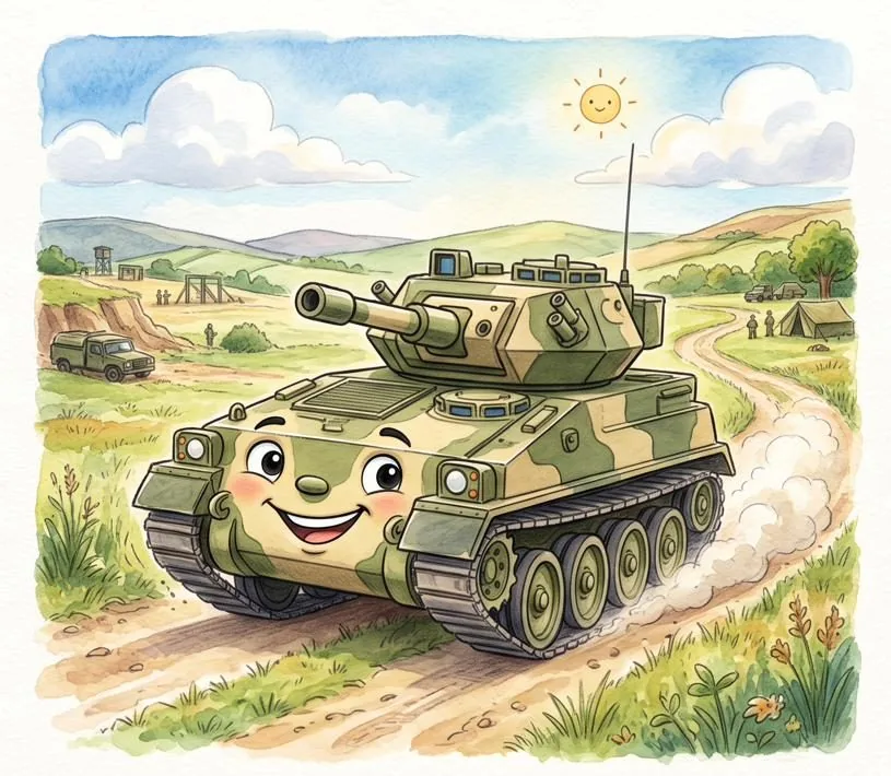 Watercolour illustration of Scotty, a friendly CVR(T) Scorpion from The Green Machines