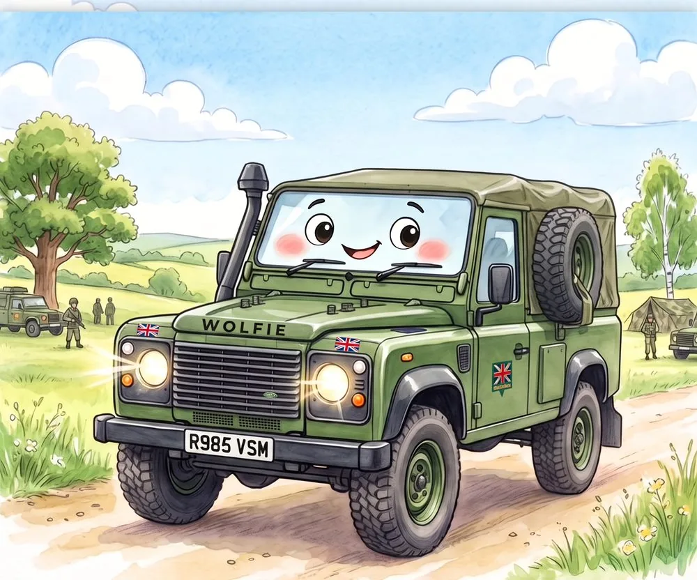 Watercolour illustration of Wolfie, a friendly Land Rover Wolf (Defender XD) from The Green Machines