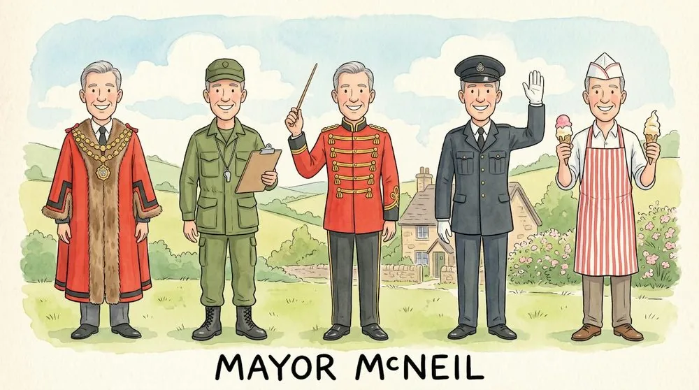 Watercolour illustration of Mayor McNeil from Little Muddlebury